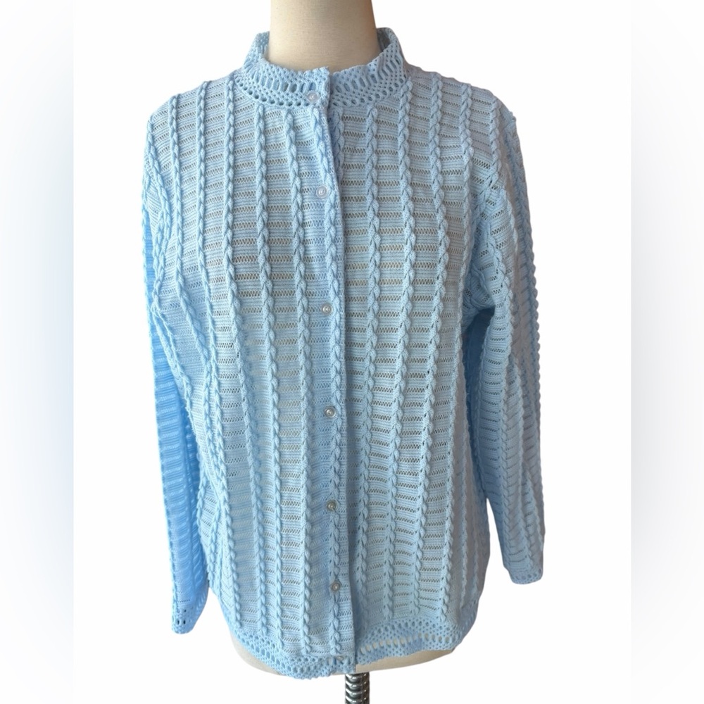 NWOT 1970s Montgomery Ward 100% Acrylic Baby Blue Open-Weave Pointelle Button Pl